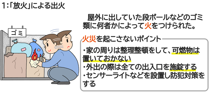 放火を予防するための予防策（可燃物を屋外に置かないなど）