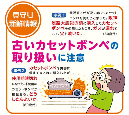 イラスト：古いカセットボンベの取り扱いに注意