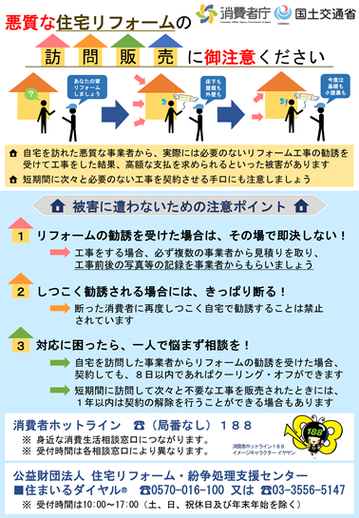 チラシ画像：悪質な住宅リフォームの 訪問販売に御注意ください、自宅を訪れた悪質な事業者から実際には必要のないリフォーム工事の勧誘を 受けて工事をした結果高額な支払を求められるといった被害があります、短期間に次々と必要のない工事を契約させる手口にも注意しましょう
