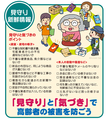 イラスト:「見守り」と「気づき」で高齢者の被害を防ごう