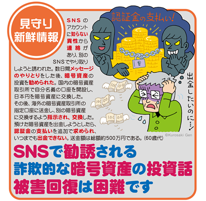 イラスト:SNSで勧誘される詐欺的な暗号資産の投資話 被害回復は困難です