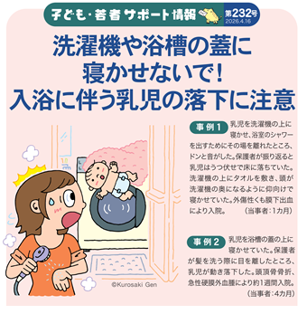 イラスト：洗濯機や浴槽の蓋に 寝かせないで！ 入浴に伴う乳児の落下に注意