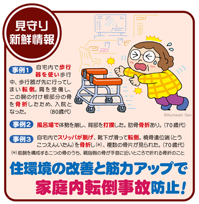 イラスト:住環境の改善と筋力アップで家庭内転倒事故防止!